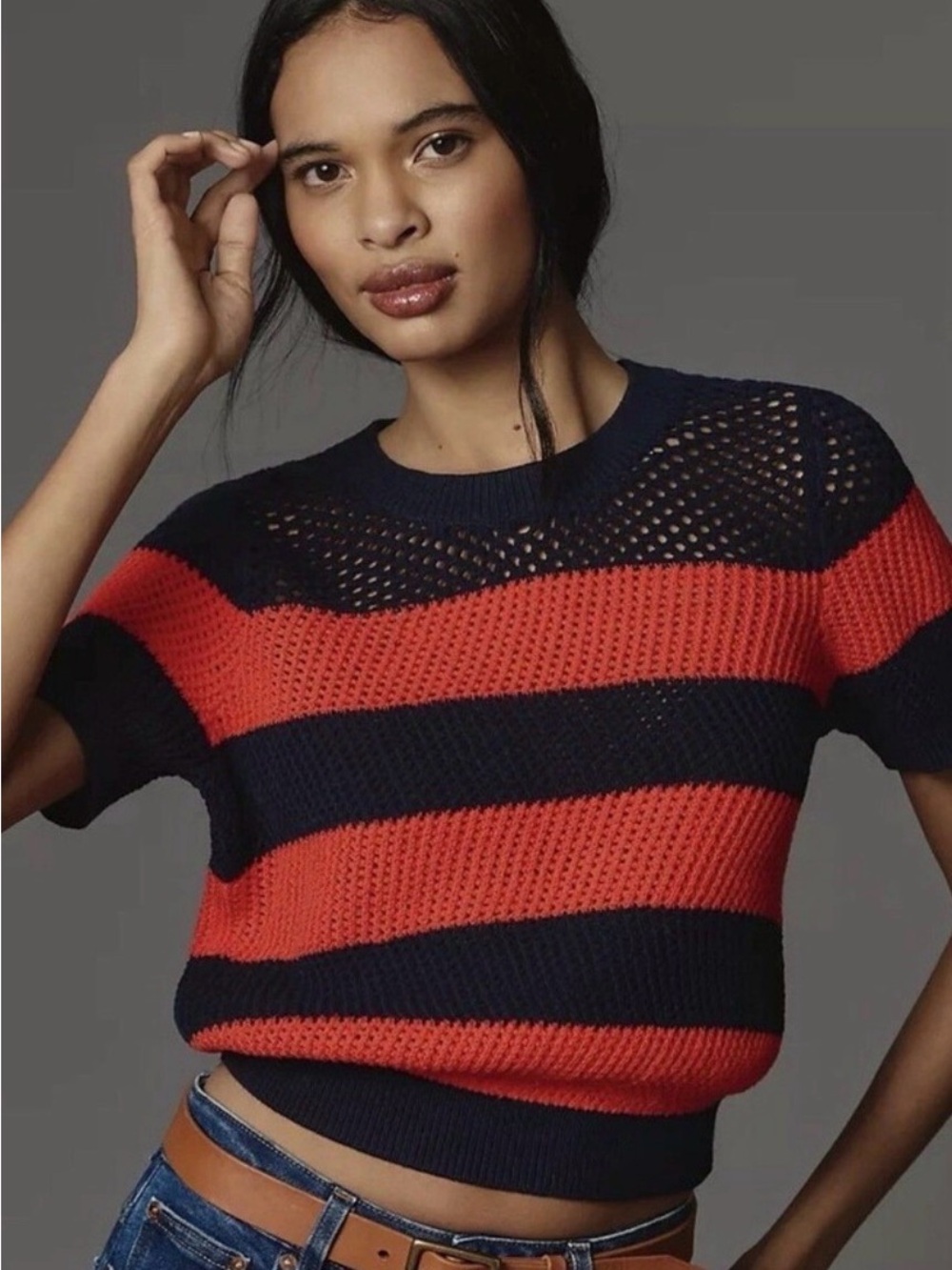 Maeve - Striped Navy and Red Short-Sleeve Knit Sweater - Medium